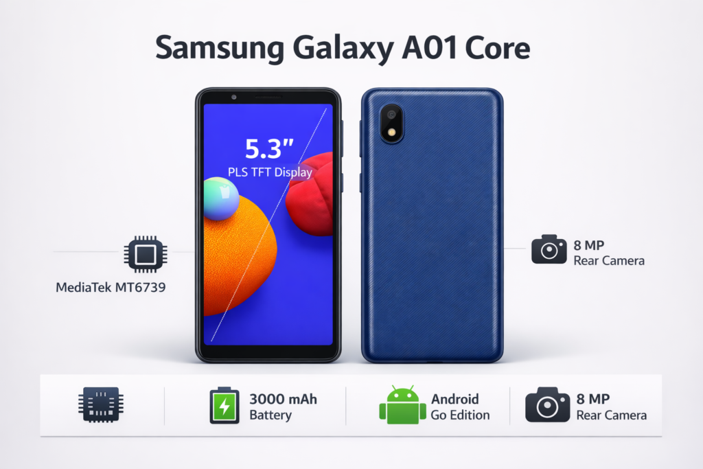 Samsung Galaxy A01 Core infographic showing design, display size, battery, processor, camera, and Android Go quality.