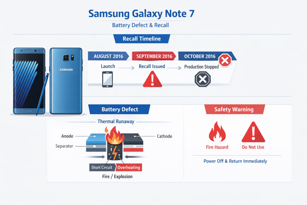 Samsung Galaxy Note 7 infographic showing remember timeline, battery failure cause, and safety warning information.