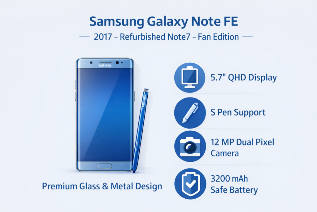 Samsung Galaxy Note FE infographic showing rehabilitate Note7 design, 3200 mAh safety-tested battery, S Pen support, and key specifications