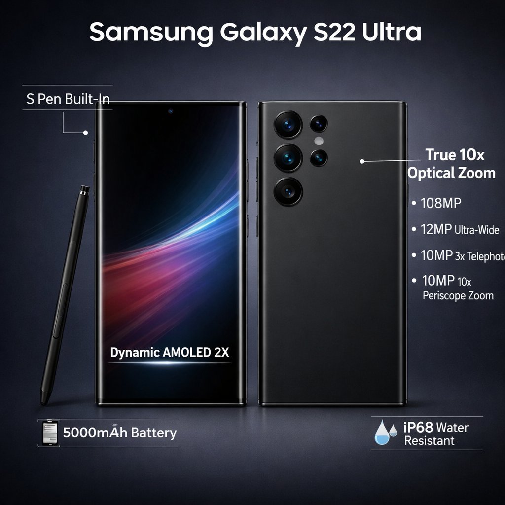 Samsung Galaxy S22 Ultra infographic showing built-in S Pen, 6.8-inch Dynamic AMOLED 2X display, and true 10x optical zoom camera