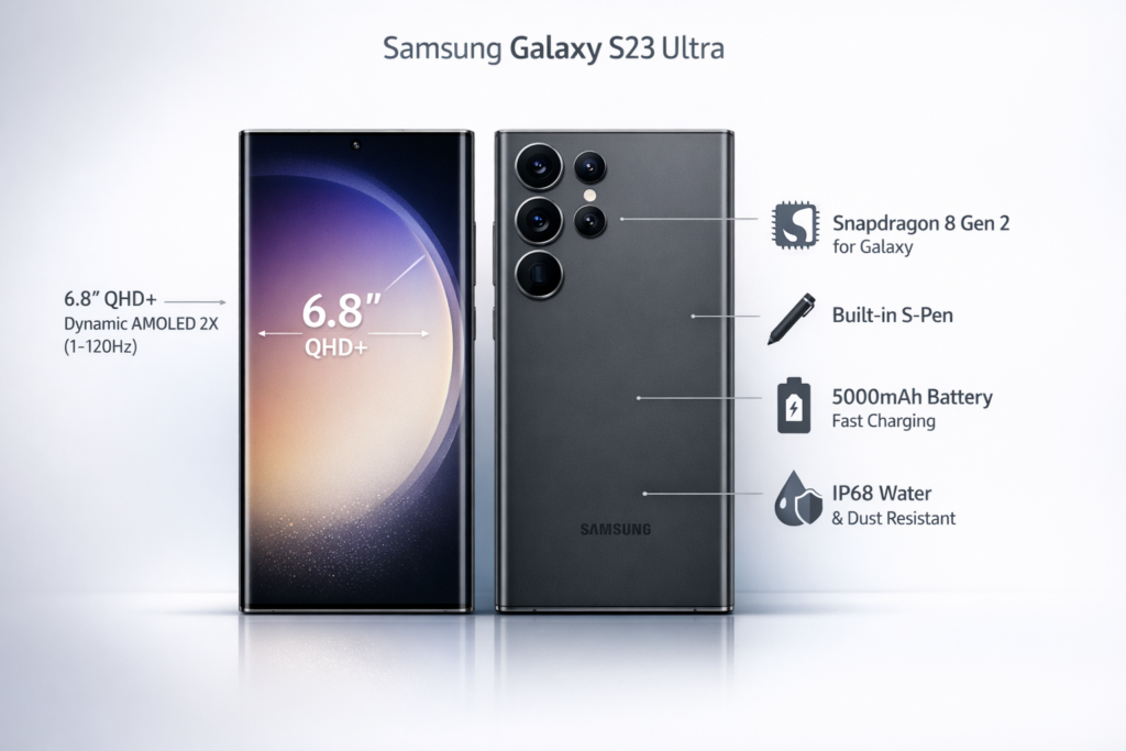 Samsung Galaxy S23 Ultra graphs showing 6.8-inch AMOLED display, 200MP camera, S-Pen support, Snapdragon 8 Gen 2, and 5000mAh battery
