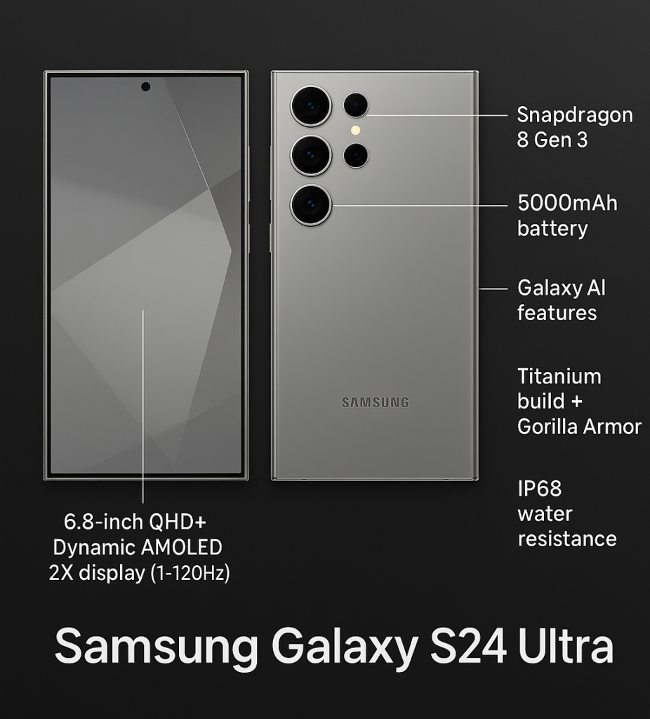 Samsung Galaxy S24 Ultra graph showing 200MP camera, 5x optical zoom, metallical frame, Galaxy AI, and 5000mAh battery