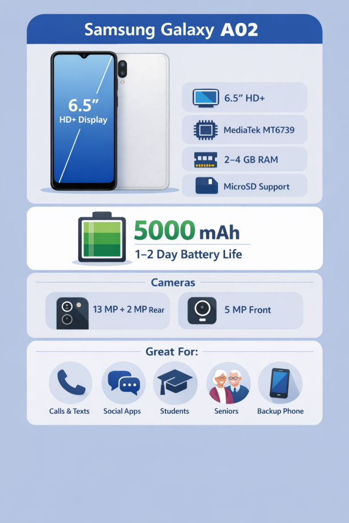Samsung Galaxy A02 infographic showing 6.5-inch HD+ display, 5000 mAh battery, MediaTek processor, dual rear cameras and spreadsheet smartphone features.