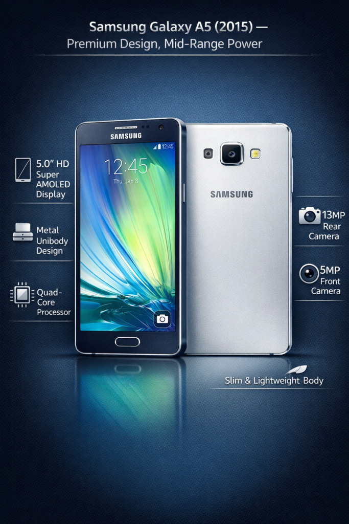 Samsung Galaxy A5 2015 graph showing metal design, 5.0-inch Super AMOLED display, 13MP camera and key restriction