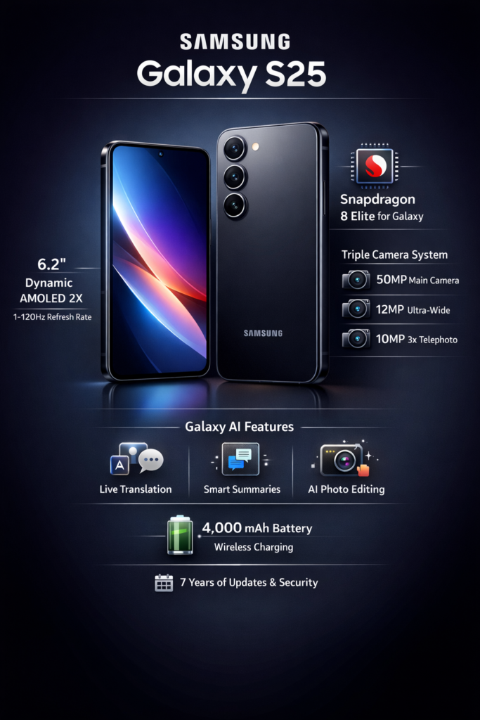 Samsung Galaxy S25 infographic showing design, display, Snapdragon 8 Elite skinner, camera specs, battery life, Galaxy AI features, and long software renovation support.