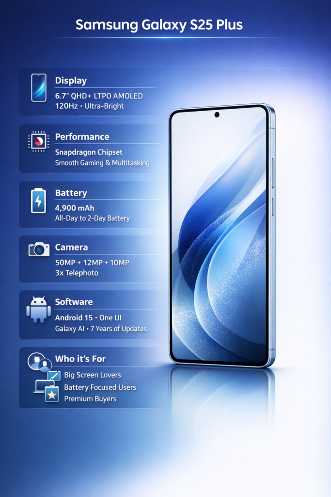 Samsung Galaxy S25 Plus infographic showing display size, battery life, camera glass, performance, and Galaxy AI features