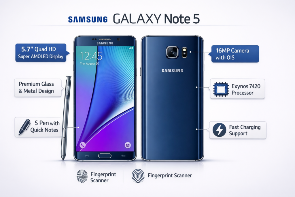 Samsung Galaxy Note 5 graph showing design, S Pen features, Quad HD display, camera, and key designation