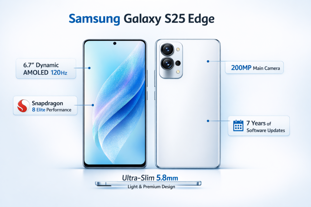 Samsung Galaxy S25 Edge infographic showing ultra-thin design, AMOLED display, Snap 8 Elite performance, and 200MP camera features