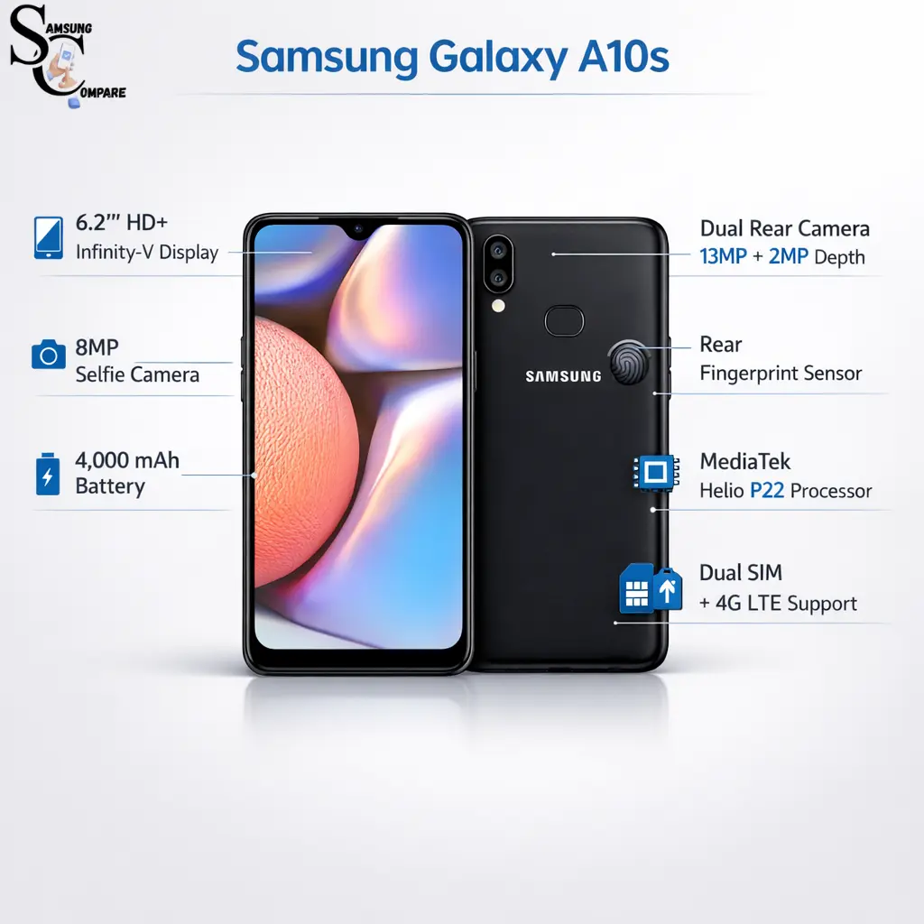 Samsung Galaxy A10s graph showing design, dual cameras, 6.2-inch display, 4000mAh battery, and key definition in a modern buyer guide layout.