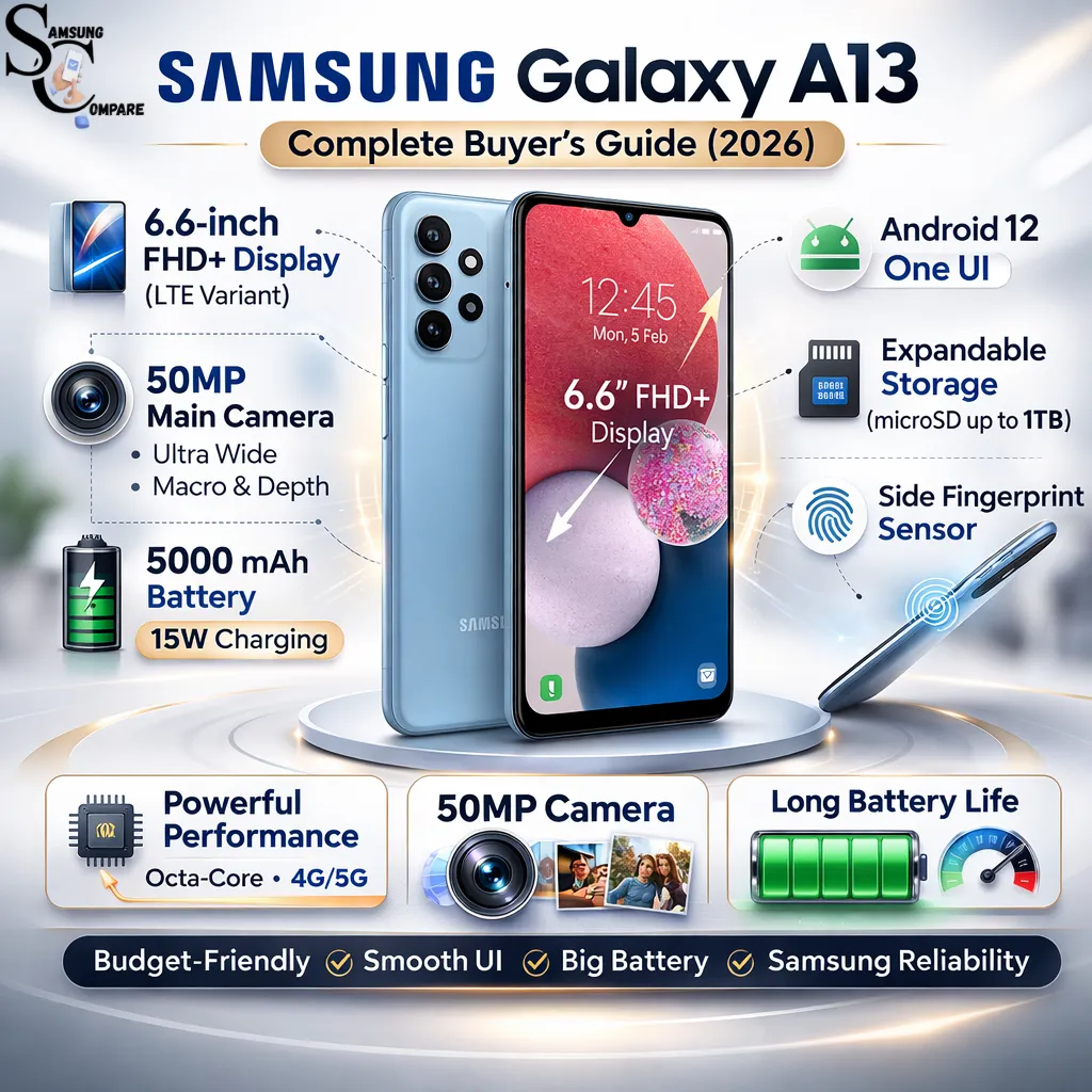 Samsung Galaxy A13 infographic showing key specs counting 50MP camera, 5000mAh battery, and 6.6-inch display, in a buyer guide layout.