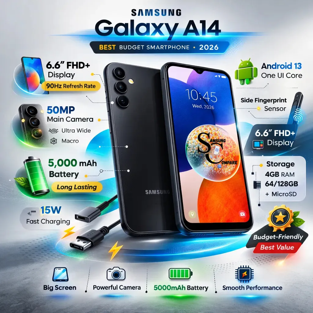 Samsung Galaxy A14 infographic showing 6.6-inch FHD+ display, 50MP camera, and 5,000 mAh battery features in a modern buyer guide layout.
