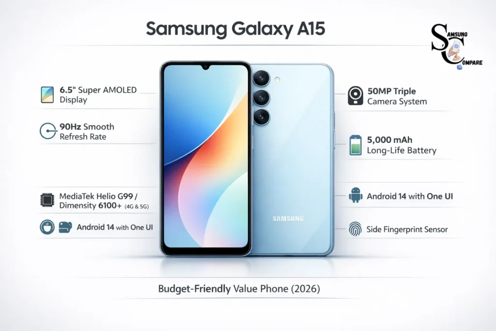 Samsung Galaxy A15 infographic showing Super AMOLED display, 50MP camera, 5000mAh battery, and key statement in a 2026 buyer guide layout.