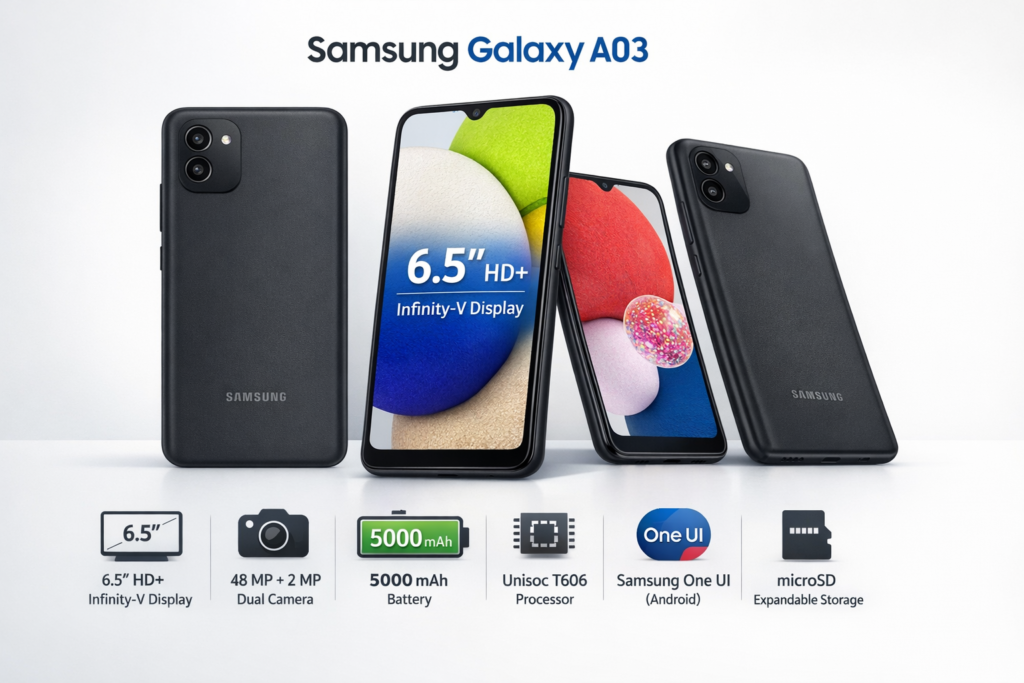 Samsung Galaxy A03 infographic showing 6.5-inch HD+ display, 48MP camera, and 5,000 mAh battery specs