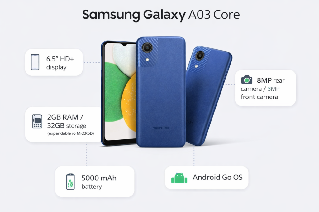 Samsung Galaxy A03 Core graph showing front, back, and angled views with 6.5-inch HD+ display, 5000 mAh battery, 8MP camera, 2GB RAM, and Android Go.