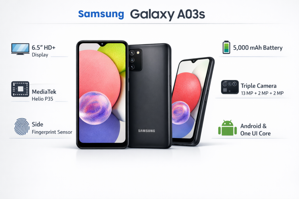 Samsung Galaxy A03s infographic showing 6.5-inch HD+ display, 5,000 mAh battery, triple camera, and key statement