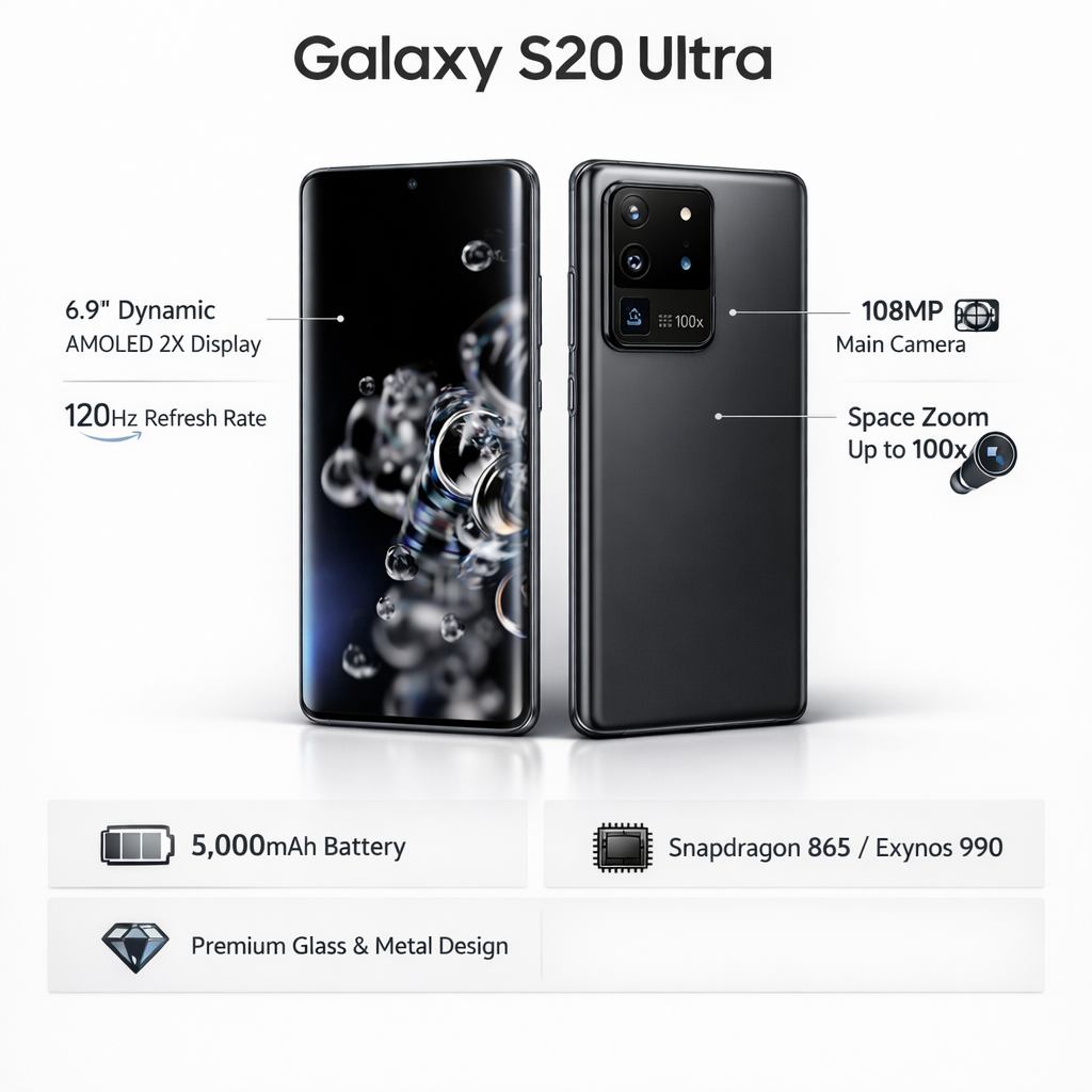 Samsung Galaxy S20 Ultra charts showing 6.9-inch AMOLED 120Hz display, 108MP camera with Space Zoom, 5,000mAh battery, and flagship design  2026 overview