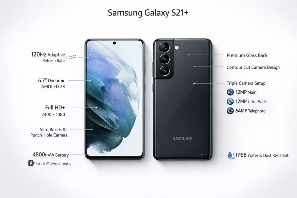 Samsung Galaxy S21+ infographic showing anterior and back design, 6.7-inch 120Hz AMOLED display, triple camera system, glass back, and 4800mAh battery specifications