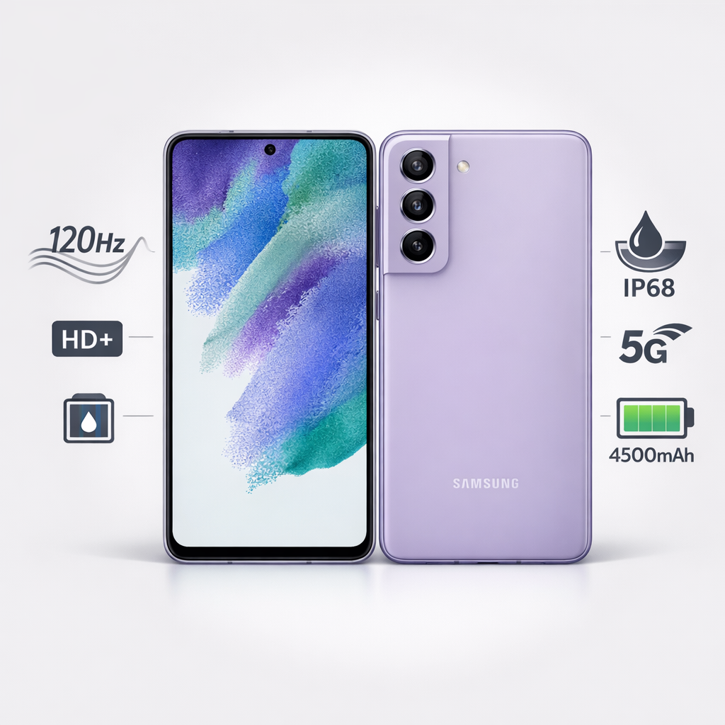 Samsung Galaxy S21 FE infographic showing 6.4-inch AMOLED 120Hz display, triple cameras, Snapdragon 888, and 4,500mAh battery