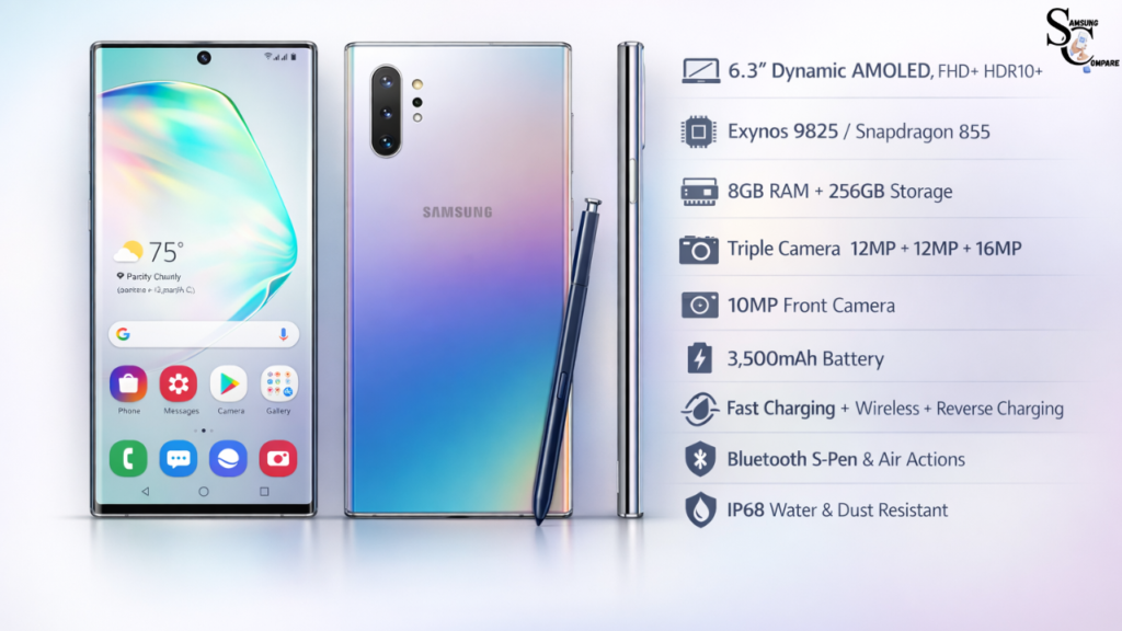 Samsung Galaxy Note 10 front and back view showing 6.3-inch Dynamic AMOLED display, trio camera setup, and Bluetooth S-Pen features