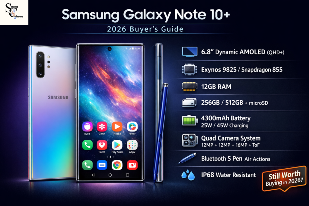 Samsung Galaxy Note 10+ infographic showing front, back, and side views with S Pen, 6.8-inch AMOLED display, quad cameras, 12GB RAM, and 4300mAh battery, 2026 buyer’s guide overview.