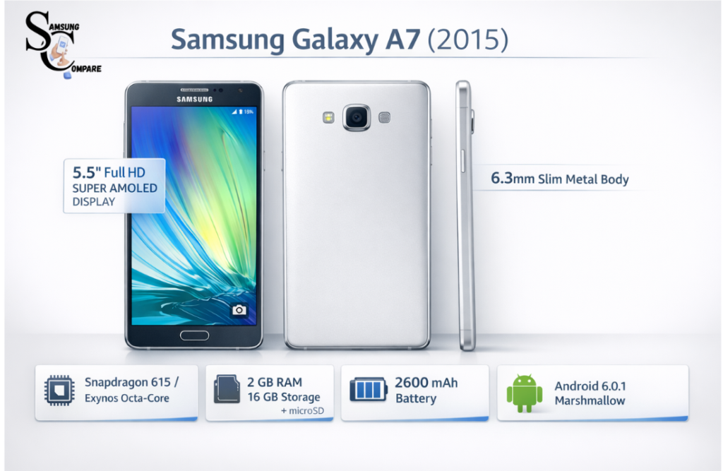 Samsung Galaxy A7 2015 smartphone showing metal design, Super AMOLED display, and key statement infographic