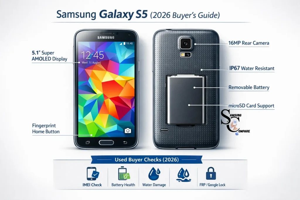 Samsung Galaxy S5 infographic showing front and back design, key specs, and a used phone inspection list for buyers in 2026