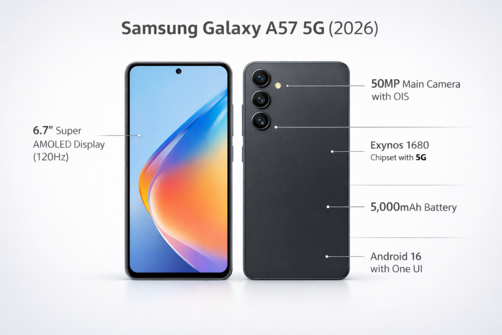 Samsung Galaxy A57 (2026) infographic showing front and back design, 6.7-inch 120Hz Super AMOLED display, 50MP OIS camera, Exynos 1680 processor, and 5,000mAh battery
