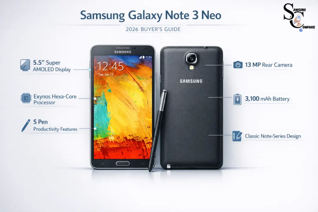 Samsung Galaxy Note 3 Neo infographic showing specs, design, S Pen features, camera, and battery particular in a modern 2026 buyer guide layout.