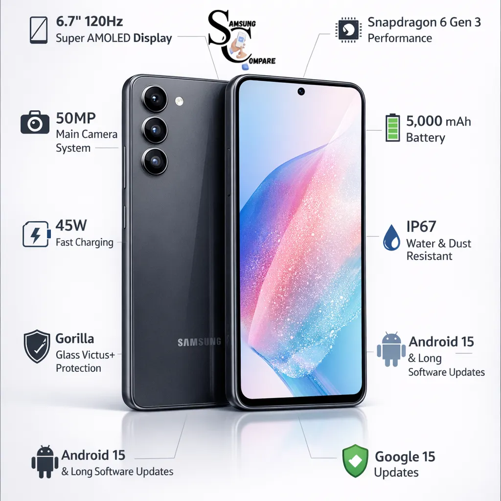 Samsung Galaxy A36 5G infographic showing a 6.7-inch AMOLED display, a 50MP camera, 5000mAh battery, 45W charging, and key 2026 identification.
