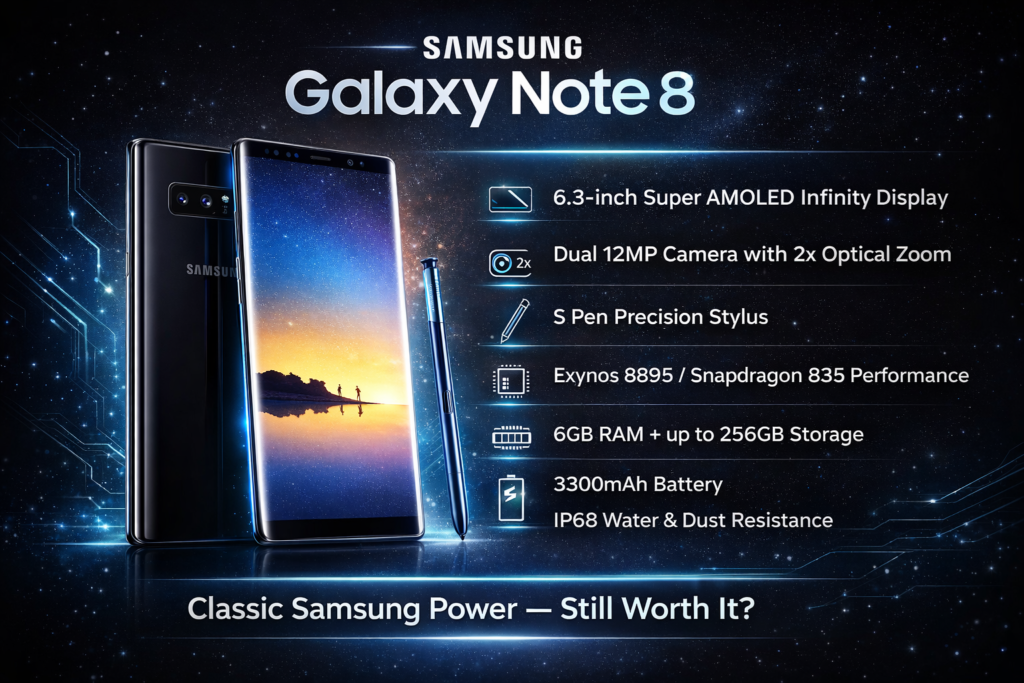 Samsung Galaxy Note 8 infographic showing Infinity Display, dual camera, S Pen stylus, and key specifications.