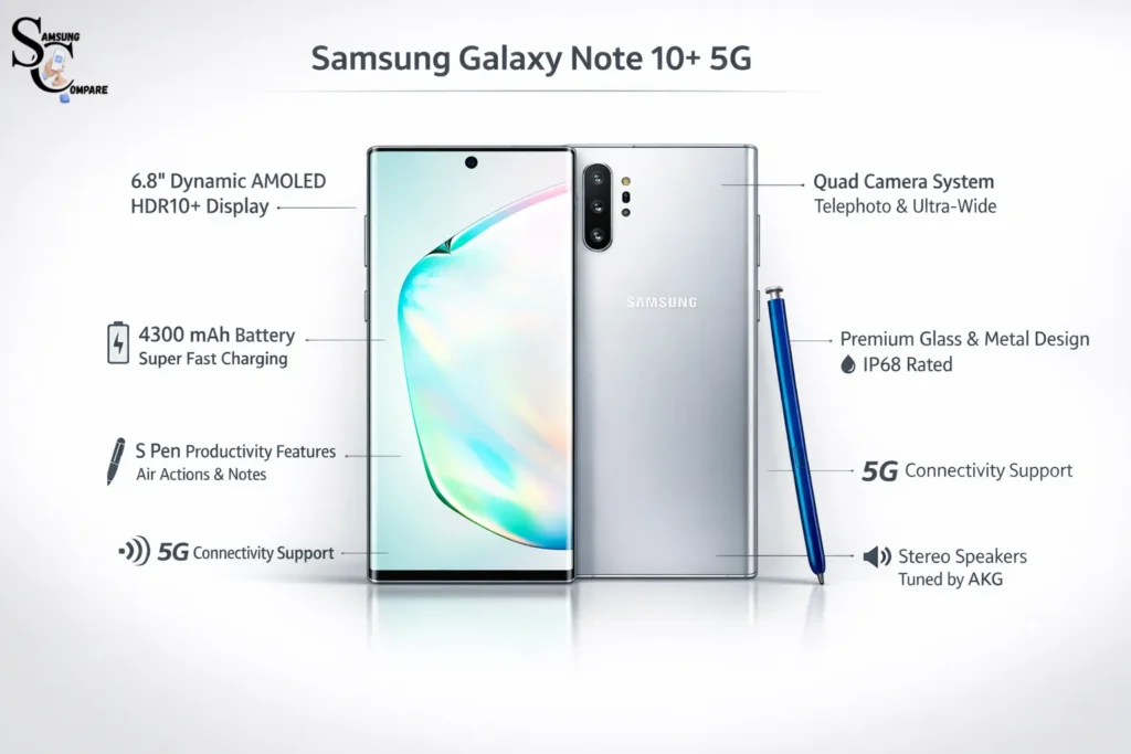 Samsung Galaxy Note 10+ 5G infographic showing design, S Pen features, quad camera system, 6.8-inch AMOLED display, and 4300 mAh battery specifications.