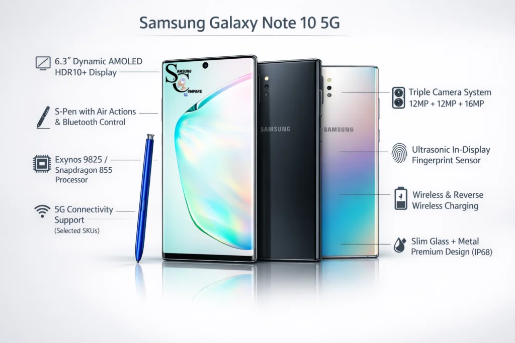 Samsung Galaxy Note 10 5G infographic showing design, S-Pen features, display specifications, and key apparatus highlights in a 2026 buyer guide layout