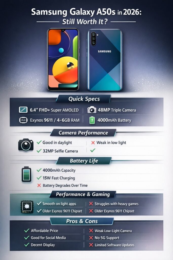 “Infographic showing Samsung Galaxy A50s 2026 review, including display, camera, battery, performance, and pros & cons for budget smartphone buyers.”