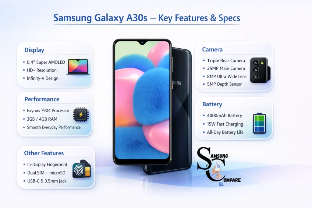 Samsung Galaxy A30s infographic showing Super AMOLED display, triple camera system, Exynos 7904 processor, 4000mAh battery and key specifications.