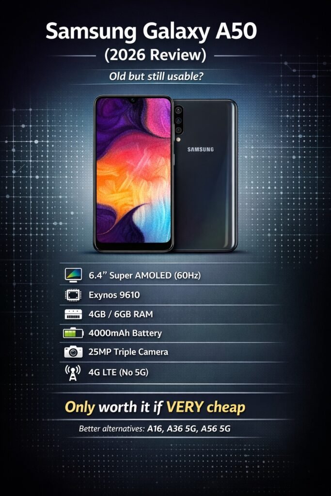 Samsung Galaxy A50 infographic showing 2026 review with key specifications, battery, camera, display, processor, and verdict on whether the phone is still worth buying compared to newer Galaxy A-series models.