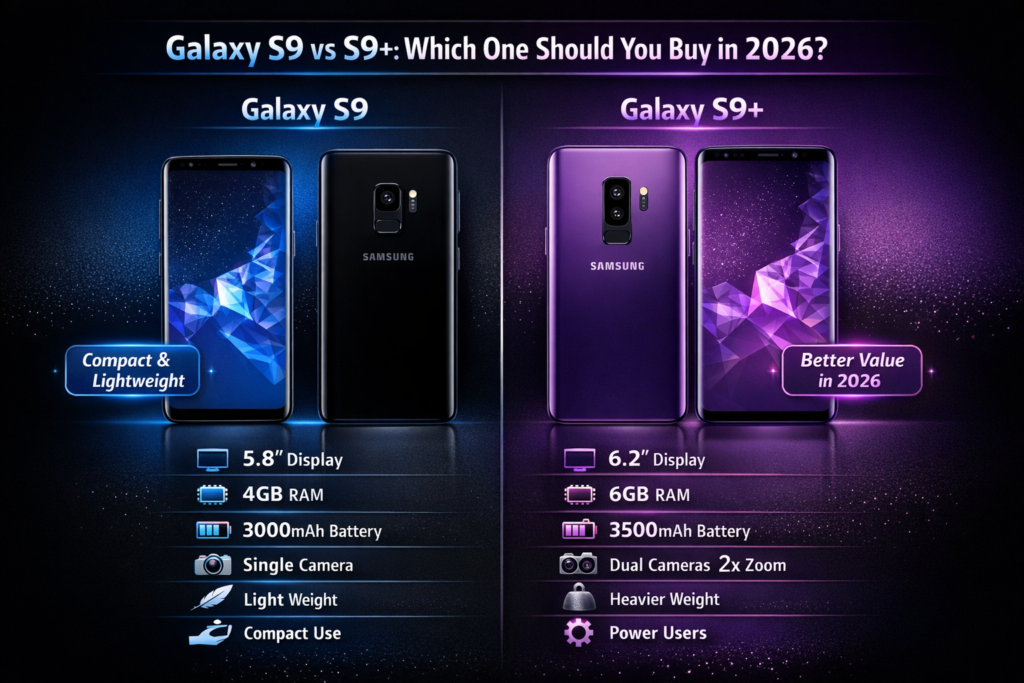 Samsung Galaxy S9 vs Samsung Galaxy S9 Plus comparison infographic showing display size, RAM, battery, camera differences and best used phone choice in 2026