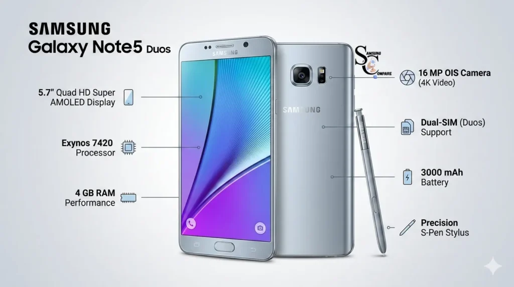 Samsung Galaxy Note 5 Duos infographic showing dual-SIM flagship design, S-Pen features, display specifications, and key hardware highlights in a modern buyer guide layout.