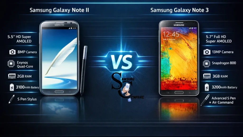 Samsung Galaxy Note II vs Samsung Galaxy Note 3 comparison infographic showing display, camera, processor, RAM, battery, and S Pen differences