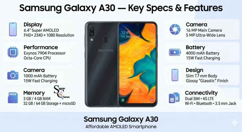 Samsung Galaxy A30 infographic showing 6.4-inch Super AMOLED display, Exynos 7904 processor, dual camera system, and 4000 mAh battery specifications.