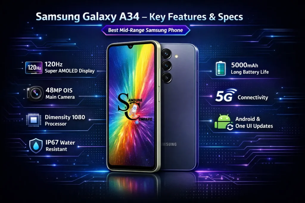 Samsung Galaxy A34 infographic showing 120Hz Super AMOLED display, 5000mAh battery, 48MP OIS camera, Dimensity 1080 processor, and key specs.