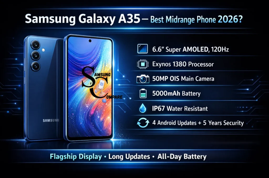 Samsung Galaxy A35 5G infographic showing 120Hz AMOLED display, 50MP camera, Exynos 1380 processor, and 5000mAh battery specs