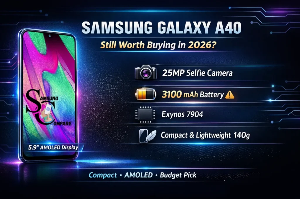 Samsung Galaxy A40 infographic showing specs, AMOLED display, 25MP selfie camera, battery life, and 2026 buying verdict