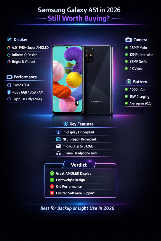 Samsung Galaxy A51 infographic showing specs, AMOLED display, Exynos 9611 performance, camera setup, battery, pros, cons, and 2026 buying verdict