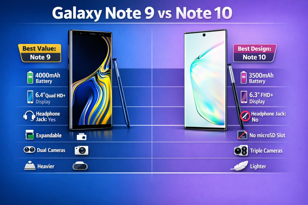 Samsung Galaxy Note 9 vs Samsung Galaxy Note 10 infographic showing differences in battery, display, camera, storage, and design for easy comparison.
