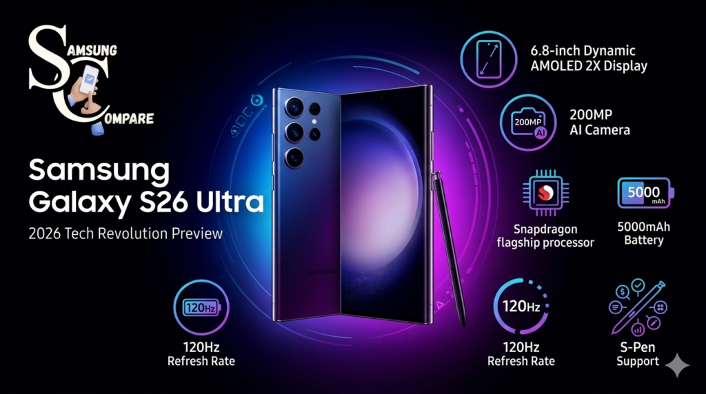 Infographic summarizing the Samsung S26 Ultra’s key features: AMOLED display, ultra-thin titanium frame, 250MP AI camera, 5,500mAh battery, next-gen Snapdragon chip, and S-Pen upgrades.