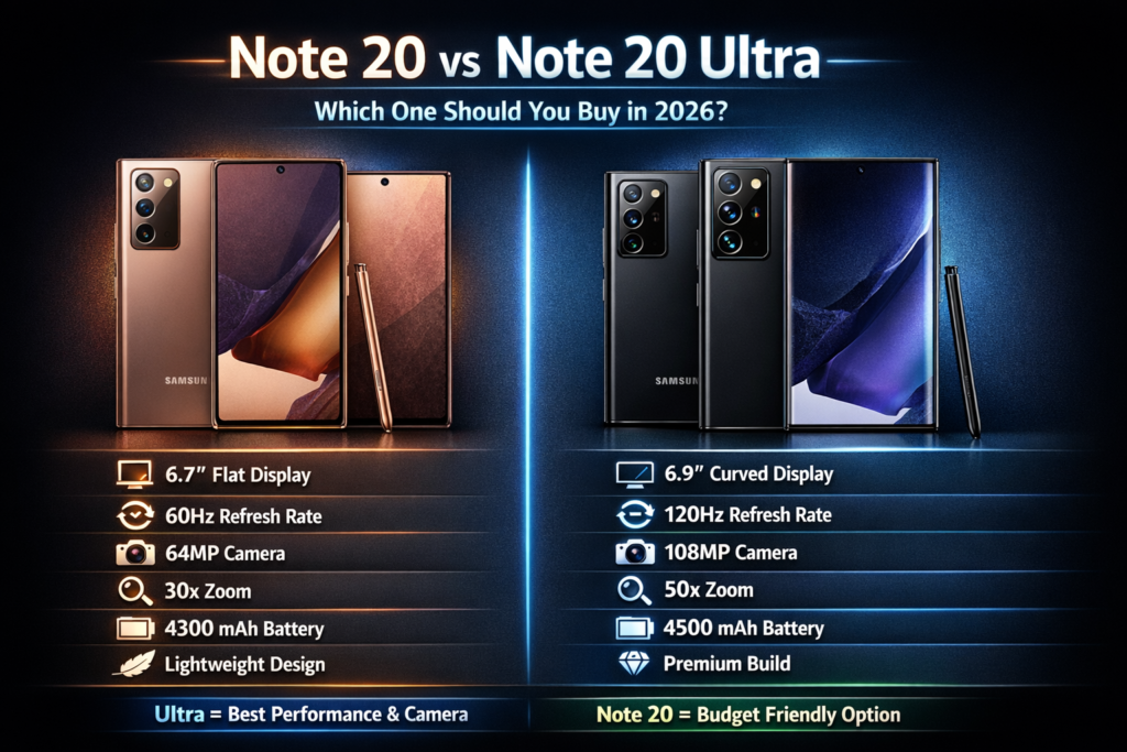 Samsung Galaxy Note 20 vs Samsung Galaxy Note 20 Ultra comparison infographic showing display, camera, battery, and key differences for 2026 buyers