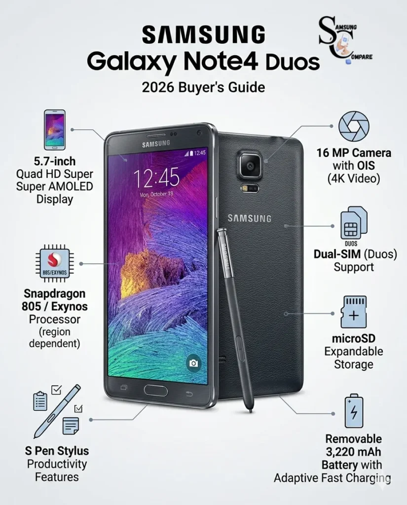Samsung Galaxy Note 4 Duos infographic showing Quad HD display, S Pen stylus, dual-SIM support, removable battery, and key statement in a modern buyer guide layout.