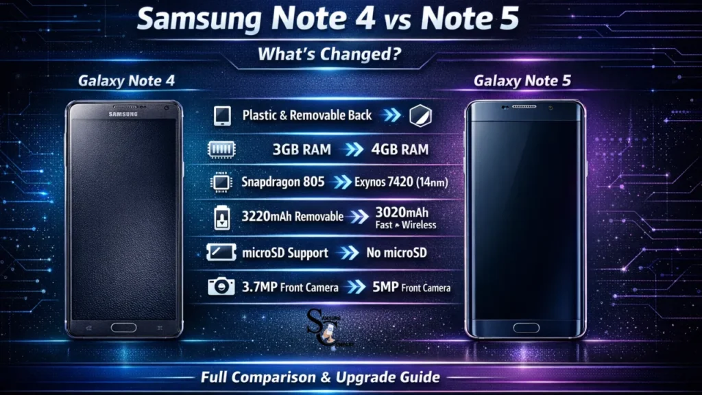 Samsung Galaxy Note 4 vs Samsung Galaxy Note 5 comparison infographic showing differences in design, performance, camera, RAM, battery, and storage
