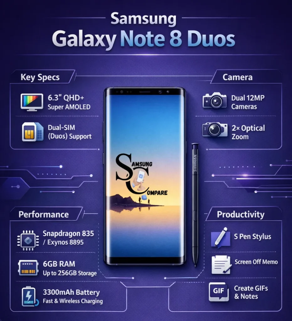 Infographic showing key statements and features of the Samsung Galaxy Note 8 Duos, including S Pen, dual cameras, 6.3-inch AMOLED display, dual-SIM support, and 3300mAh battery.