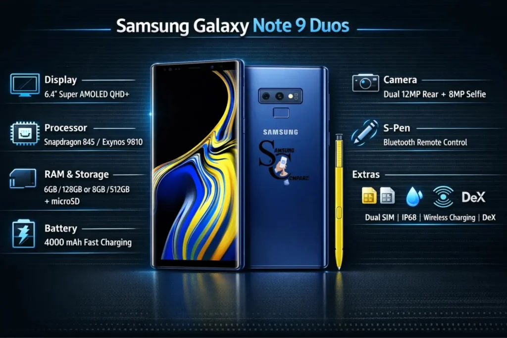 Samsung Galaxy Note 9 Duos infographic showing display, battery, S-Pen features, dual camera, and key specifications.